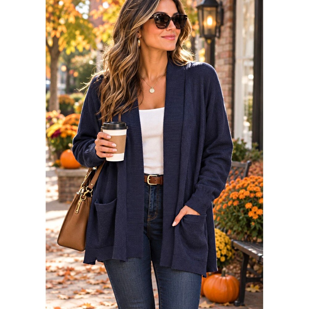 89th + Madison Women’s Solid Knit Open Front Cardigan Sweater Pockets Navy L